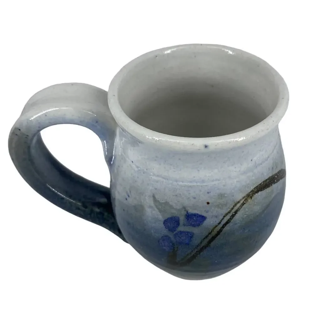 Pottery Mug Blue Signed Rustic Floral Design Coffee Tea Cup Ombre Studio Art